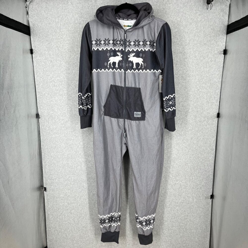 Tipsy Elves Moose Jumpsuit Size M Black Gray One Piece Lounger Zip Up Hood NEW